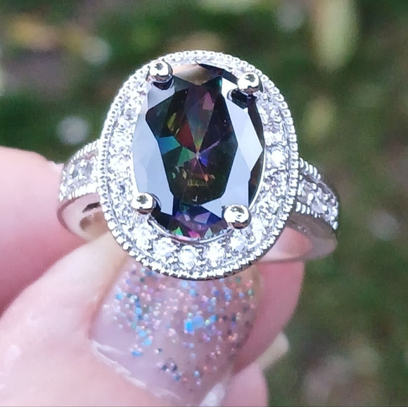 New Halo Oval Mystic Topaz & CZ 925 Silver Ring. - Picture 5 of 16
